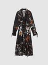 Reiss Black/Brown Charlotte Floral Neck Tie Midi Dress