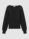 Reiss Black Lexi Knitted Sleeve V-Neck Top
