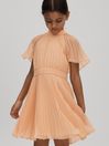 Reiss Apricot Verity Teen Pleated Cape Sleeve Dress