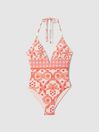 Reiss Cream/Coral Leonora Printed Plunge Neck Swimsuit