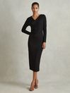 Reiss Black Dionne Jersey Wrap Front Midi Dress