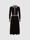 Reiss Black/Camel Mia Knitted Colourblock Pleated Midi Dress