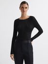 Reiss Black Lenni Sheer Knitted Long Sleeve Top