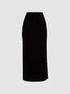 Reiss Black Leona Velvet Ruched Midi Skirt