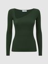 Reiss Green Sasha Fitted Ribbed Asymmetric Neck T-Shirt