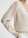 Reiss Cream/Nude Vale Wool Blend Knitted V-Neck Jumper