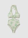 Reiss Green/Cream Gabriella Palm Tree Halter Neck Swimsuit