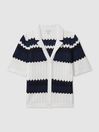 Reiss Navy/White Alba Knitted Colourblock Cuban Collar Shirt