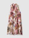 Reiss Cream/Pink Kady Floral Pleated Tie Neck Mini Dress