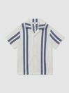 Reiss White/Airforce Blue Castle Ribbed Striped Cuban Collar Shirt