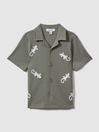 Reiss Sage/White Thar Cotton Reptile Patch Cuban Collar Shirt