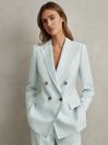 Reiss Blue Lori Viscose-Linen Double Breasted Suit Blazer