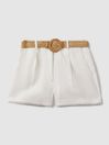 Reiss White Belle Linen Belted Shorts