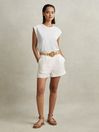 Reiss White Belle Linen Belted Shorts