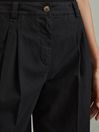 Reiss Washed Black Astrid Cotton Blend Wide Leg Trousers