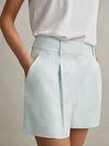 Reiss Blue Lori Viscose-Linen Front Pleat Suit Shorts