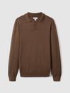 Reiss Pecan Brown Milburn Merino Wool Open Collar Polo Shirt