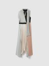 Reiss Pink/Cream Zadie Pleated Asymmetric Midi Dress