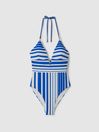 Reiss Blue Stripe Lenny Striped Plunge Neck Swimsuit