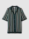 Reiss Green Multi Waves Knitted Cuban Collar Shirt