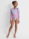 Reiss Pink Poppy Junior Floral Print Ruffle Long Sleeve Swimsuit