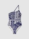 Reiss Navy/White Olivia Printed One-Shoulder Swimsuit