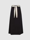 Reiss Black Lyla Jersey Midi Skirt With Tie Detail
