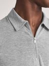 Reiss Grey Melange Anthony Self-Start Rib Zip-Neck Polo Shirt