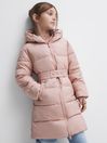 Reiss Pink Tia Senior Water Resistant Quilted Hooded Coat