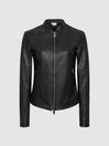 Reiss Black Allie Leather Collarless Biker Jacket