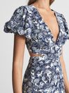 Reiss Blue Jennah Printed Puff Sleeve Midi Dress