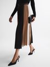 Reiss Black/Camel Ava Colourblock Pleated Midi Skirt