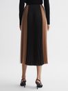 Reiss Black/Camel Ava Colourblock Pleated Midi Skirt
