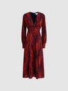 Reiss Red Maya Animal Print Blouson Sleeve Midi Dress