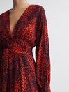 Reiss Red Maya Animal Print Blouson Sleeve Midi Dress