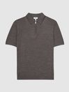 Reiss Brown Melange Maxwell Merino Zip Neck Polo T-Shirt
