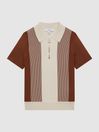Reiss Tobacco/Ecru Milton Half Zip Striped Polo Shirt