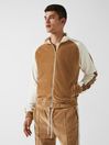 Reiss Camel Lawrence - Che Velour Contrast Panel Zip Through Jacket