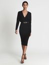 Reiss Black Jenna Petite Wool Blend Ruched Sleeve Midi Dress