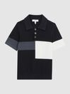 Reiss Navy Primo Senior Press Stud Colourblock Polo T-Shirt