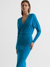 Reiss Blue Jenna Wool Blend Ruched Sleeve Midi Dress