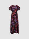 Reiss Black/Pink Leni Petite Fitted Floral Print Midi Dress