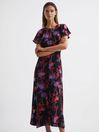 Reiss Black/Pink Leni Petite Fitted Floral Print Midi Dress