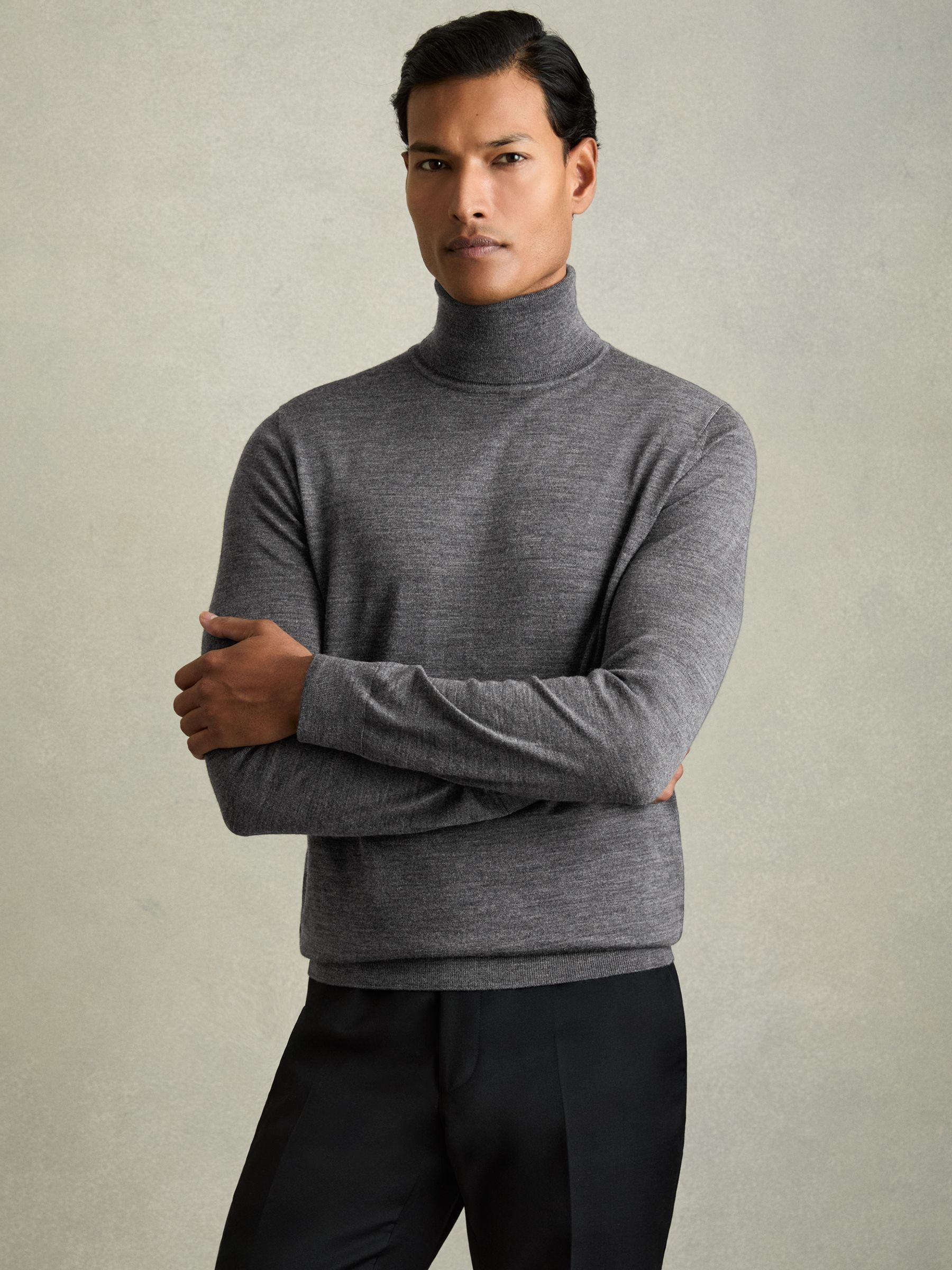 Slim Fit Merino Wool Roll Neck Jumper in Mid Grey Melange REISS