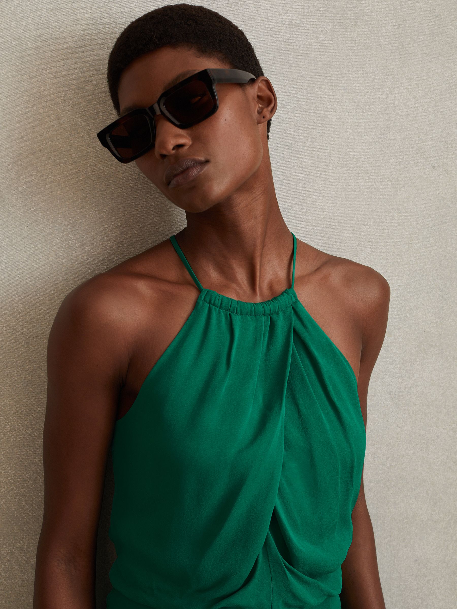 Reiss Green Elliana Drape Front Midi Dress