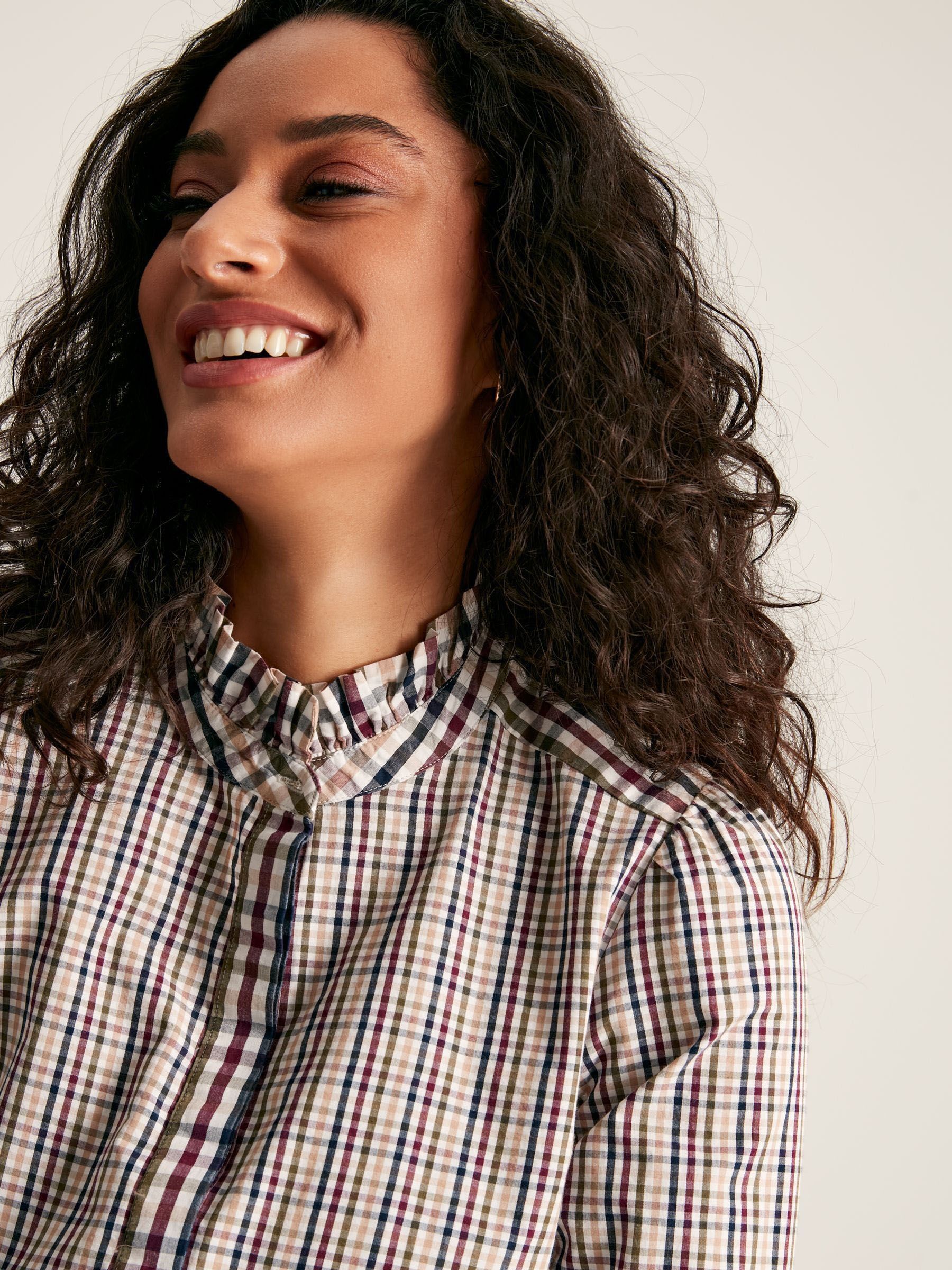 Buy Joules Aspen Oversized Checked Shirt With Frill Neck from the ...