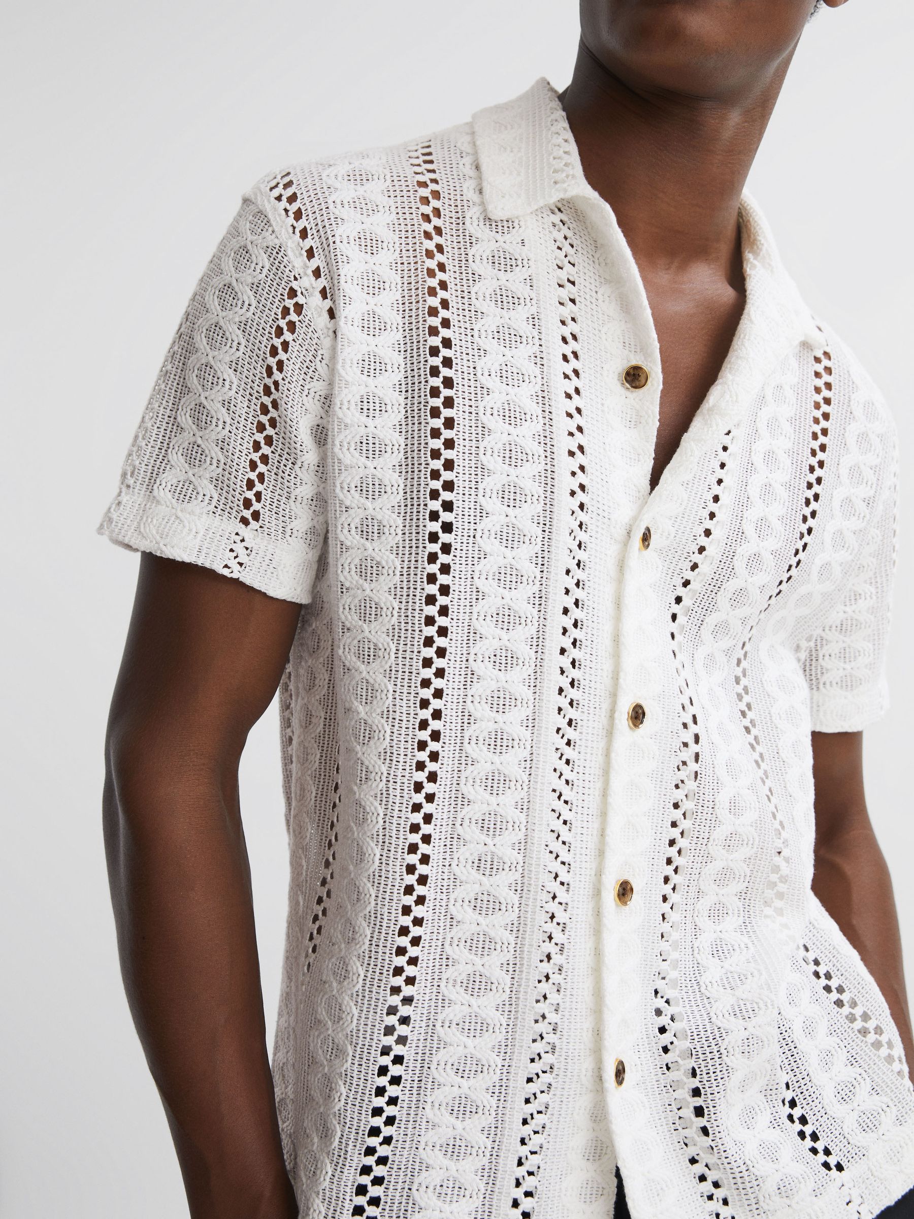 Reiss Palm Reiss | Ché Knitted Cuban Collar Button Through Shirt - REISS