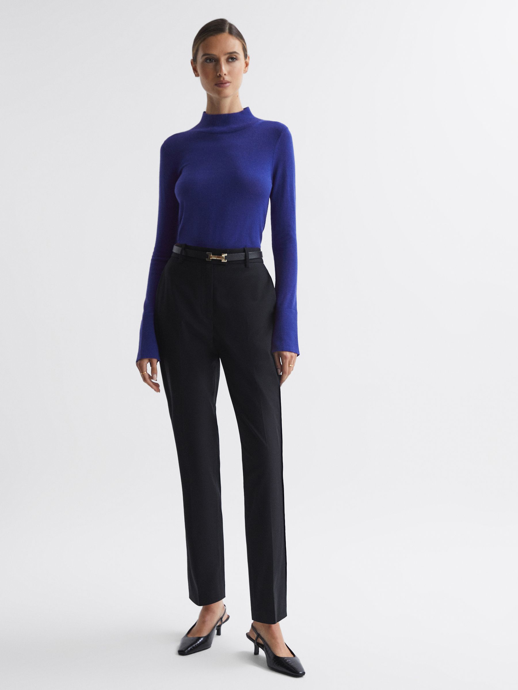 Merino Wool Fitted Funnel Neck Top in Blue - REISS