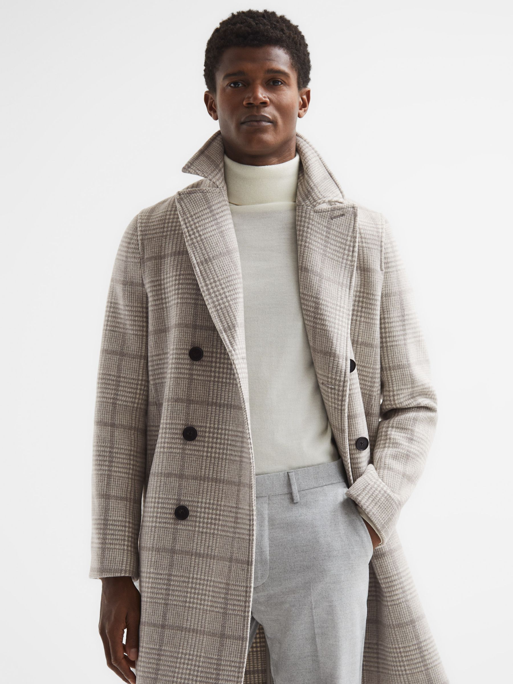 Double Breasted Long Checked Overcoat in Soft Grey - REISS