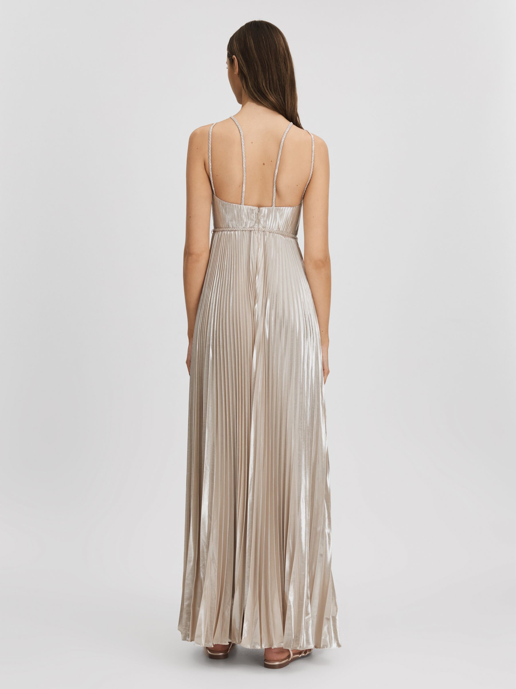 Halston Metallic Pleated Maxi Dress in Nude - REISS